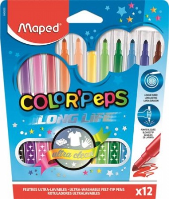 Filctoll készlet, 1-3,6 mm, kimosható, MAPED "Color`Peps Long Life", 12 különböző szín