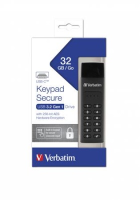 Pendrive, 32GB,USB-C (USB 3.2), titkosítás, 160/130Mb/s, VERBATIM "Keypad Secure"